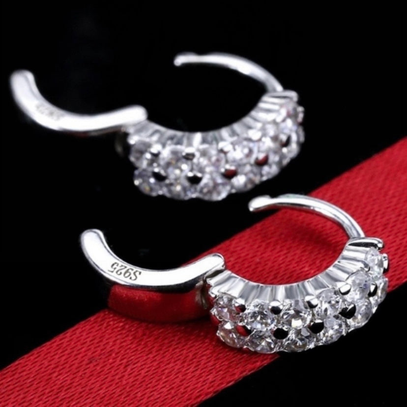 925 Silver Plated Double Row CZ Diamond Silver Hoop Earrings for Women