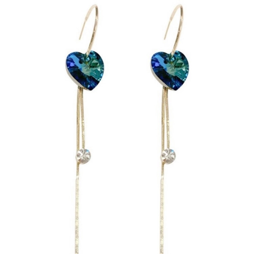 Women's Blue Crystal Love Heart Long Tassel Dangle Drop Earrings