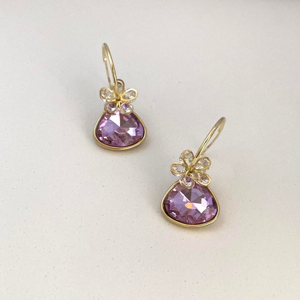 Elegant Purple Crystal Flower Dangle Drop Earrings for Women
