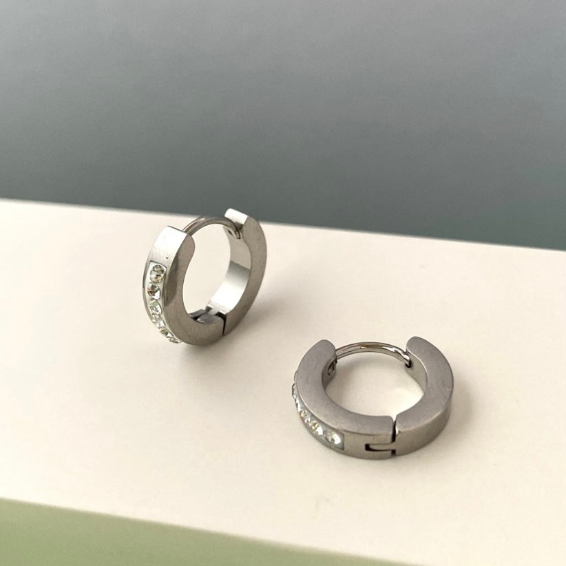 Titanium Steel CZ Cubic Zirconia Small Silver Hoop Earrings for Men Women