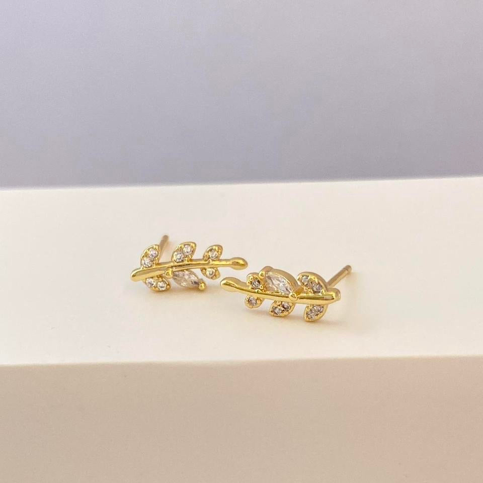 18K Gold Plated CZ Cubic Zirconia Leaf Stud Earrings for Women