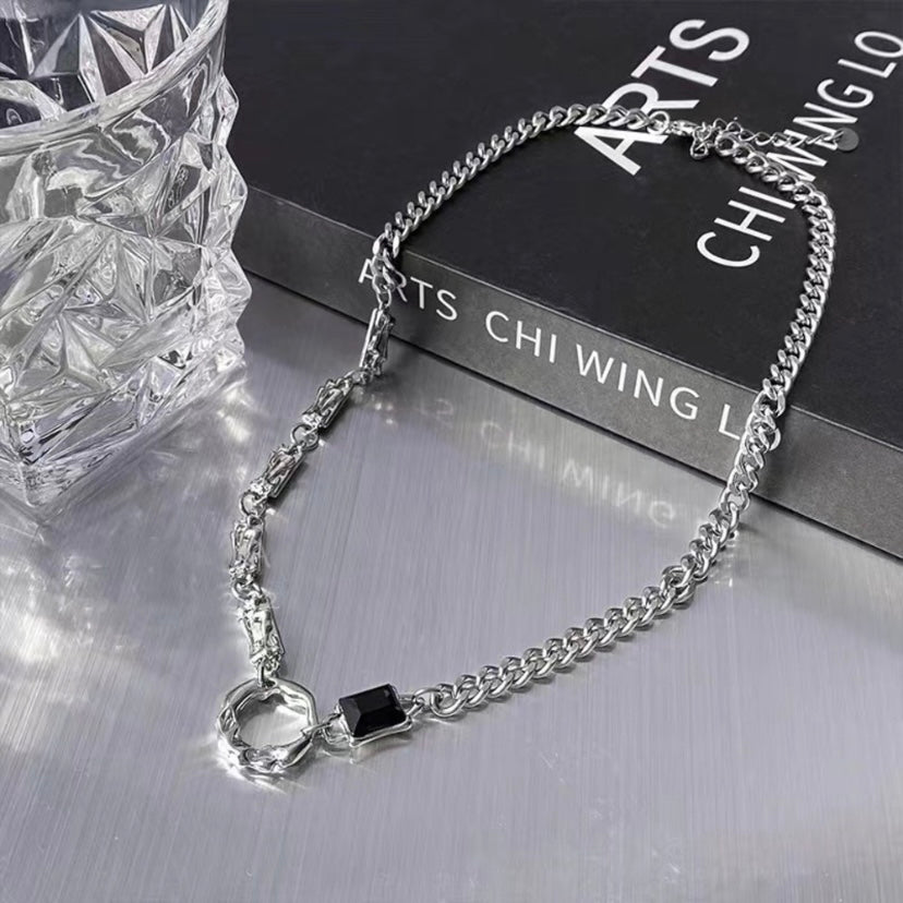 Titanium Steel Artificial Black Gem Ring Pendant Necklace for Men Women