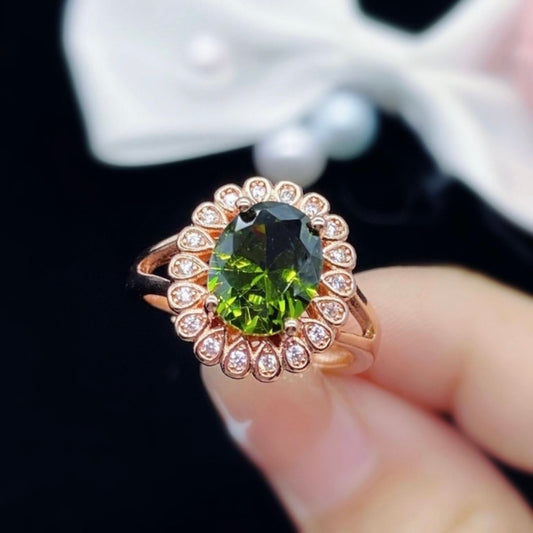 14K Rose Gold Plated Adjustable Crystal Green Peridot Ring for Women