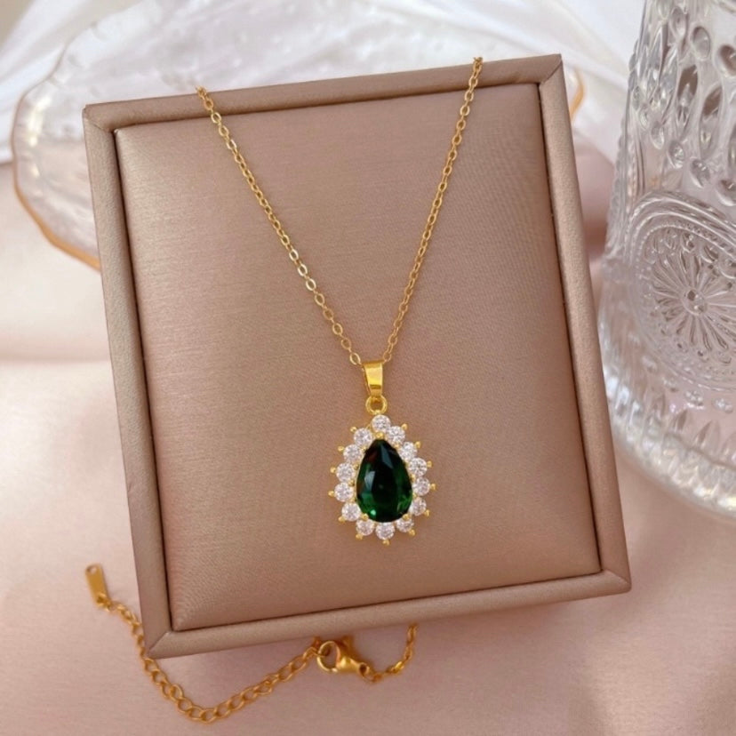 18K Gold Plated Crystal Teardrop Emerald Pendant Necklace for Women