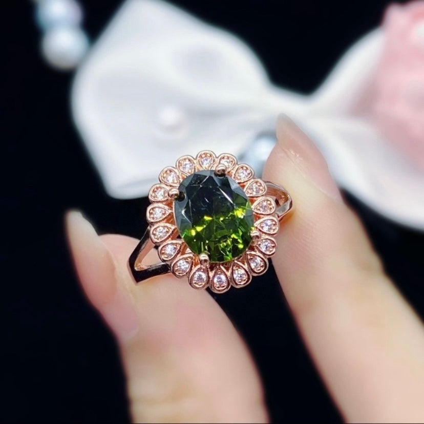 14K Rose Gold Plated Adjustable Crystal Green Peridot Ring for Women