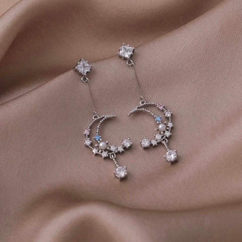Crystal Moon Star Dangle Drop Tassel Earrings for Women