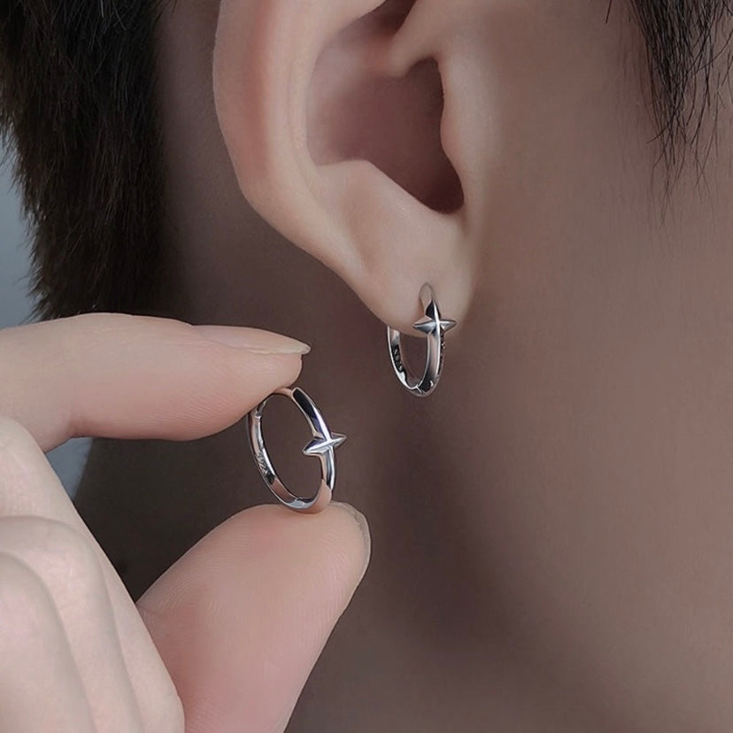 925 Silver Plated Star Small Hoop Earrings for Men Women