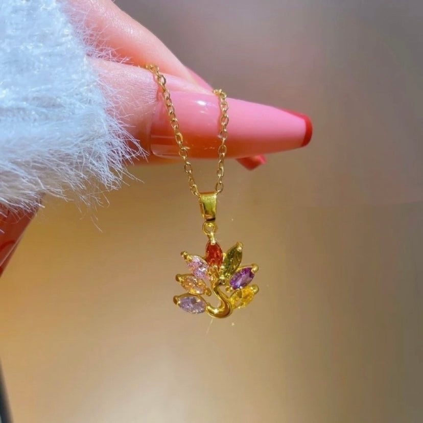 18K Gold Plated Colorful Crystal Peacock Pendant Necklace for Women