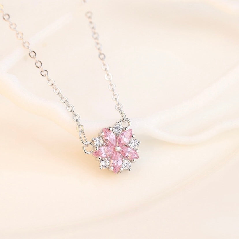 925 Silver Plated Pink Flower Pendant Necklace