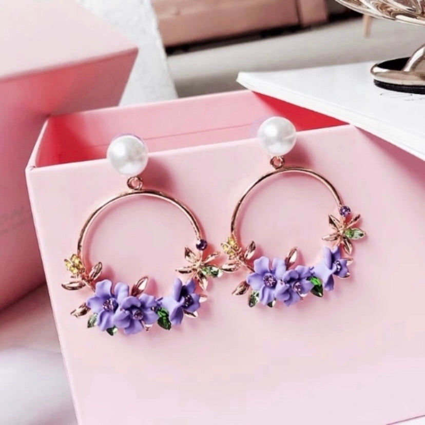 Purple Crystal Flower Dangle Drop Earrings for Women