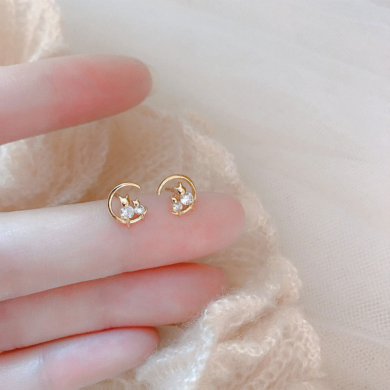 Small CZ Moon Cat Stud Earrings for Women