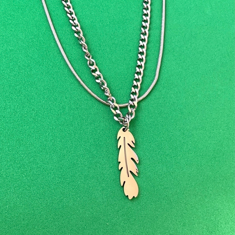 Titanium Steel Layered Feather Pendant Necklace for Men Women,Feather Necklace