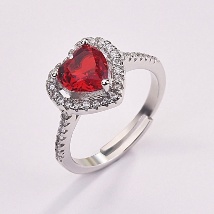 18K White Gold Plated Adjustable Birthstone Crystal Love Heart Ruby Ring