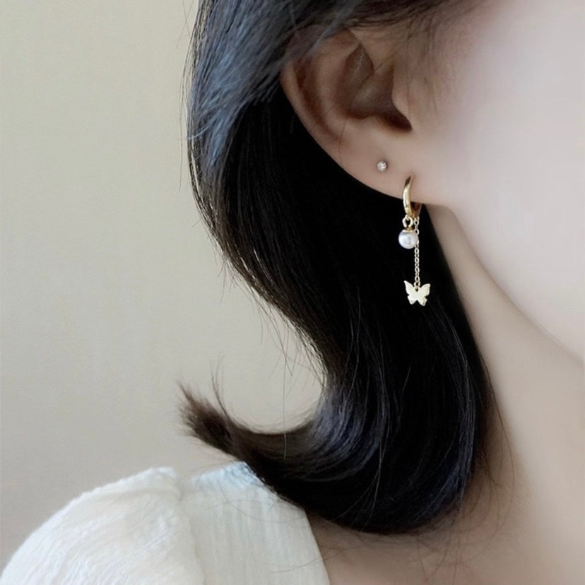 18K Gold Plated Pearl Butterfly Dangle Drop Earrings for Women