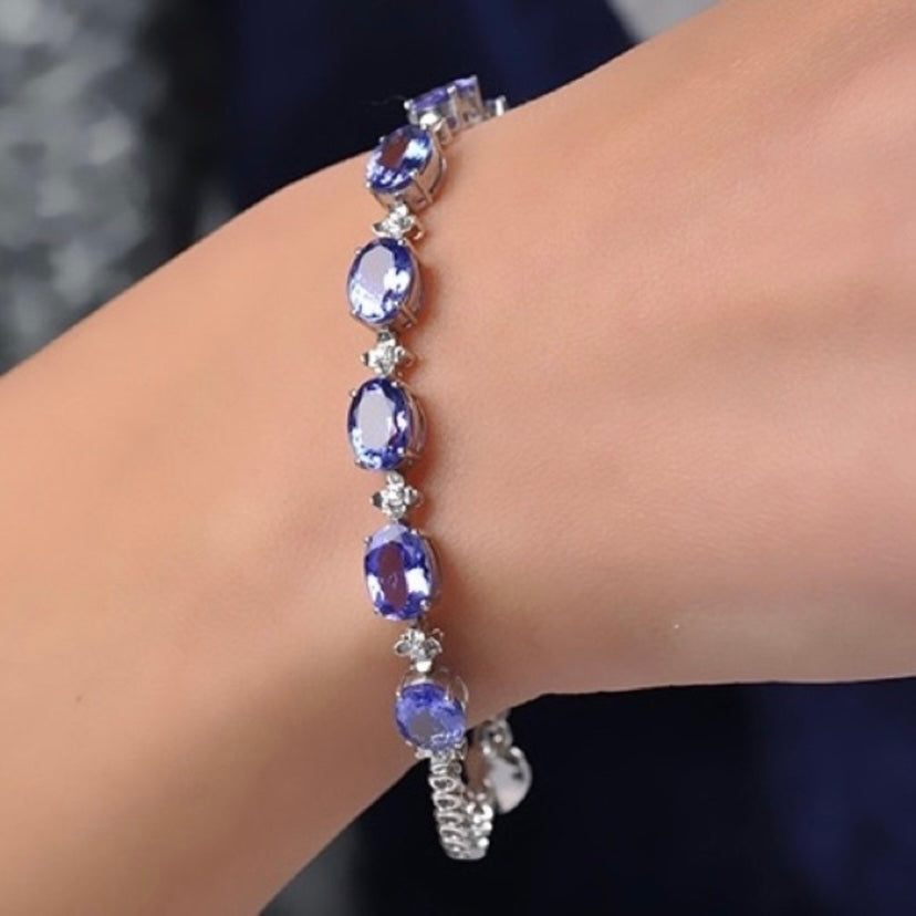 18K White Gold Plated Adjustable Artificial Sapphire Charm Bracelet for Women