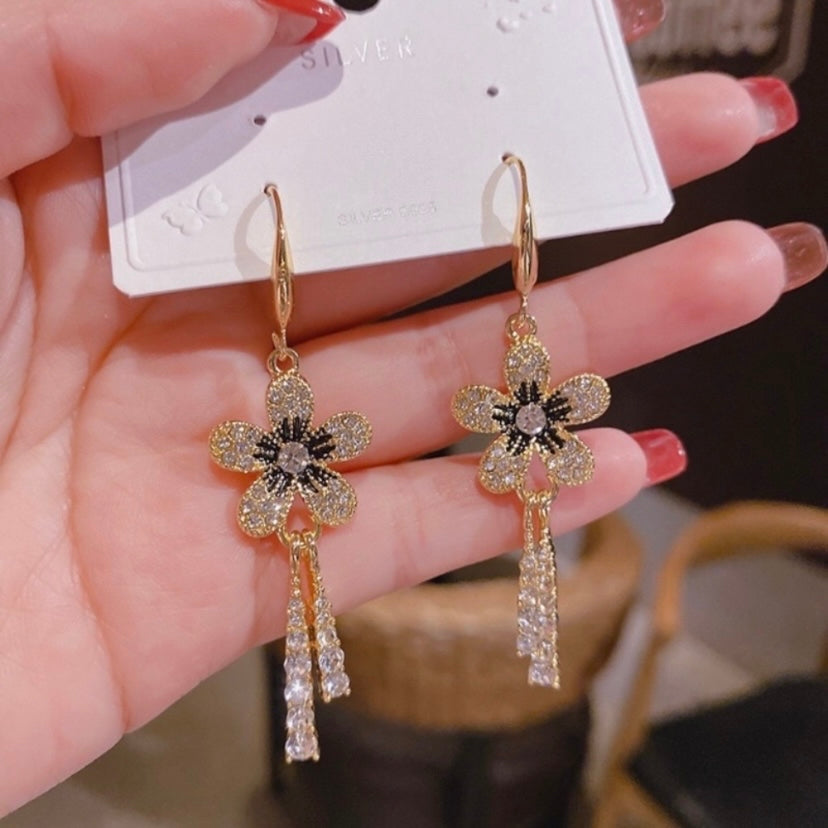 Women's Crystal Flower Tassel Dangle Drop Earrings