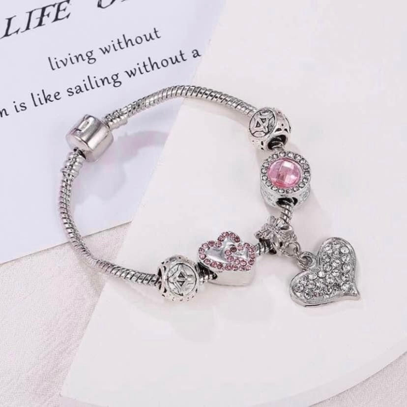 925 Silver Plated Crystal Love Heart Charm Bracelet for Women