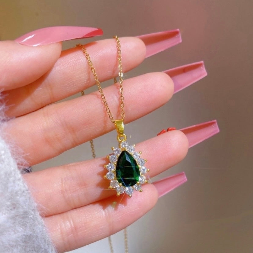 18K Gold Plated Crystal Teardrop Emerald Pendant Necklace for Women