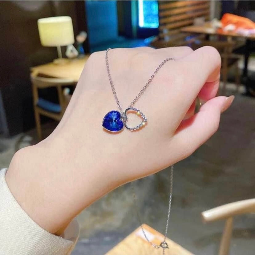 925 Silver Plated Blue Crystal Love Heart Pendant Necklace for Women