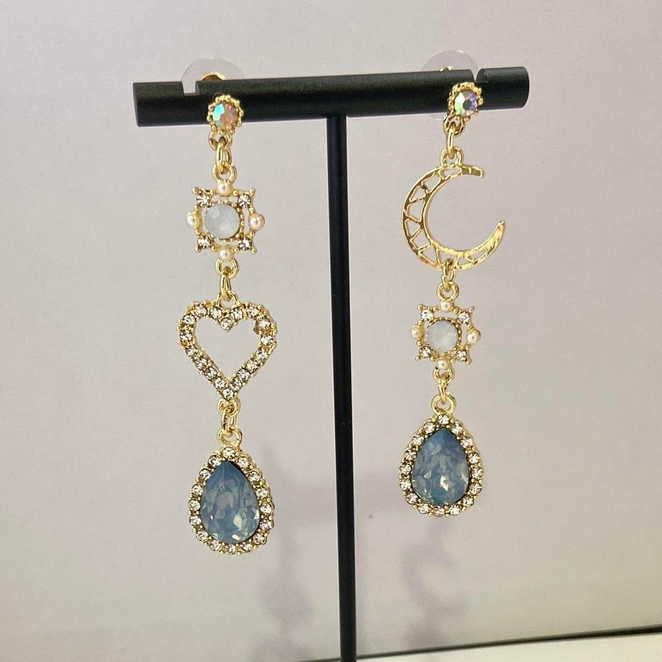 Blue Crystal Heart Moon Dangle Drop Earrings for Women