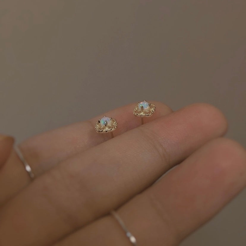 18K Gold Plated Hollow Mini Small Opal Stud Earrings for Women