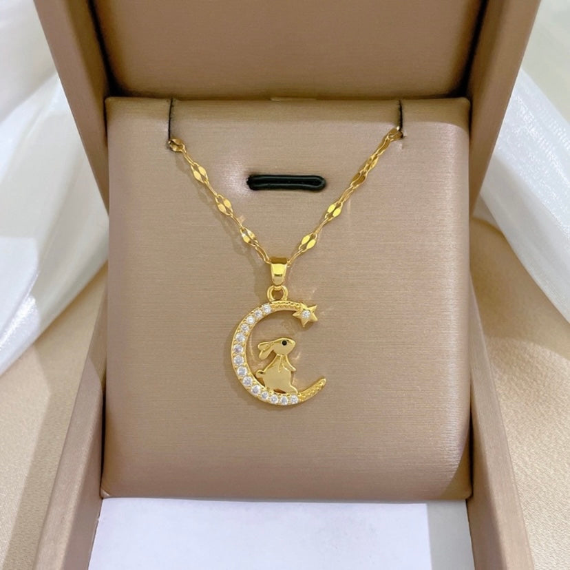 18K Gold Plated Moon Bunny Pendant Necklace for Women,Cute Rabbit Necklace