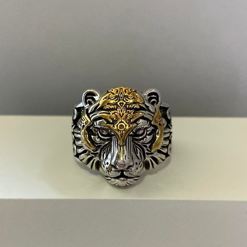 925 Silver Plated Adjustable Tiger Head Ring for Men,Animal Ring,Punk Hip Hop Ring