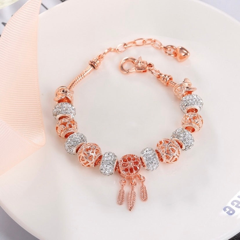 14K Rose Gold Plated Feather Charm Bracelet for Women