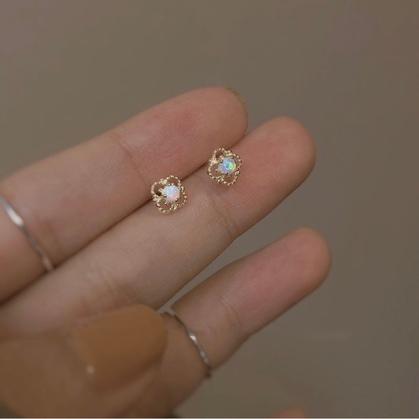 18K Gold Plated Hollow Mini Small Opal Stud Earrings for Women