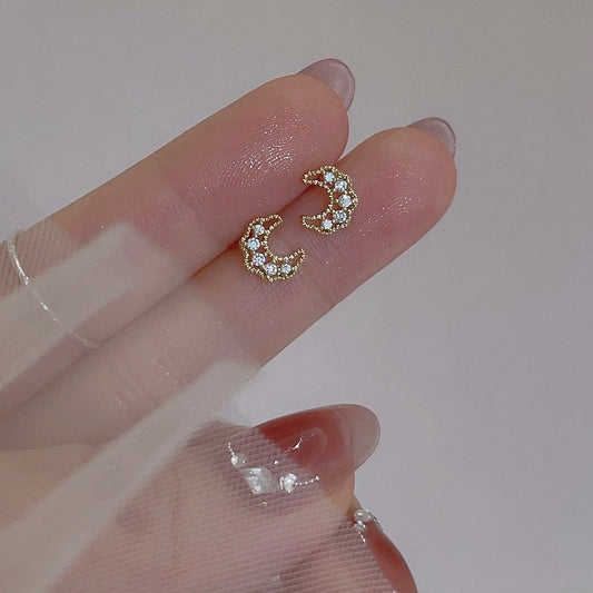 Small CZ Moon Stud Earrings for Women