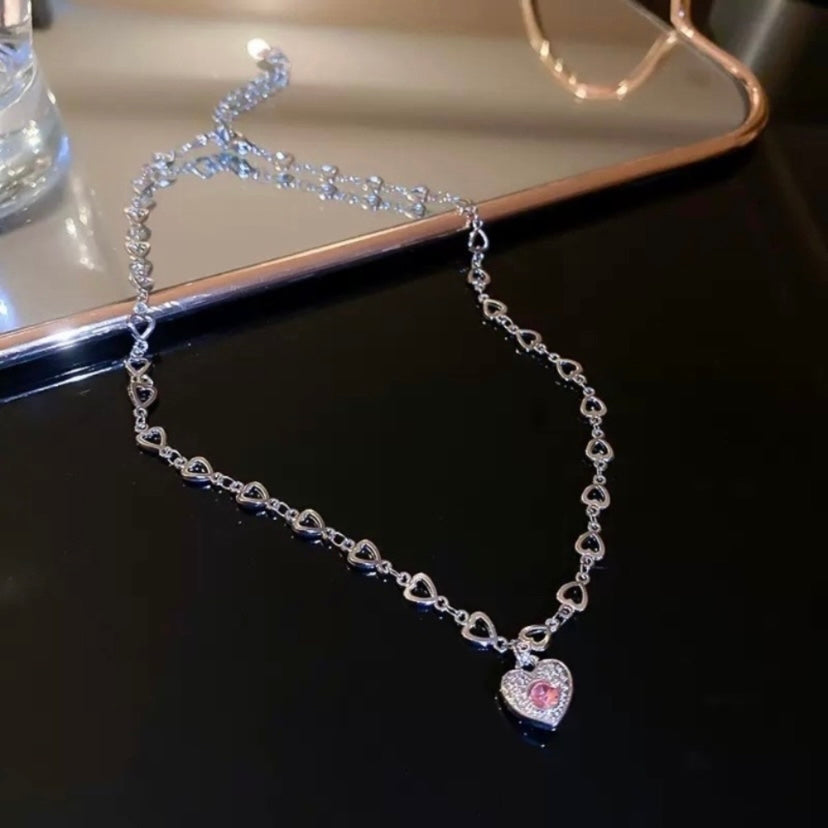 18K White Gold Plated Pink Crystal Love Heart Pendant Choker Necklace for Women