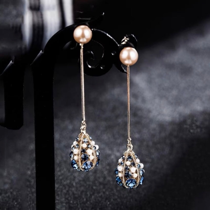 Women's Pearl Blue Crystal Drop Dangle Earrings