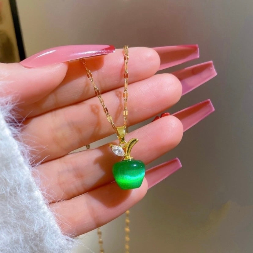 18K Gold Plated Emerald Green Crystal Apple Pendant Necklace for Women