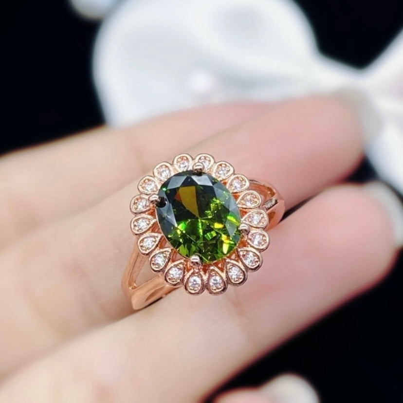 14K Rose Gold Plated Adjustable Crystal Green Peridot Ring for Women