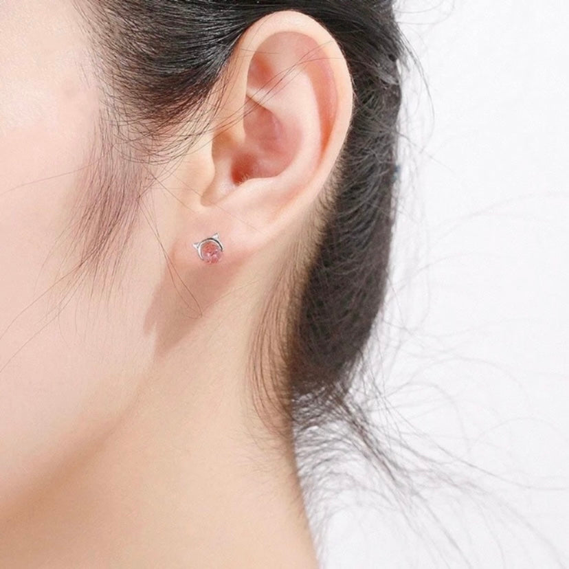 Cute Tiny Pink Crystal Cat Stud Earrings for Women