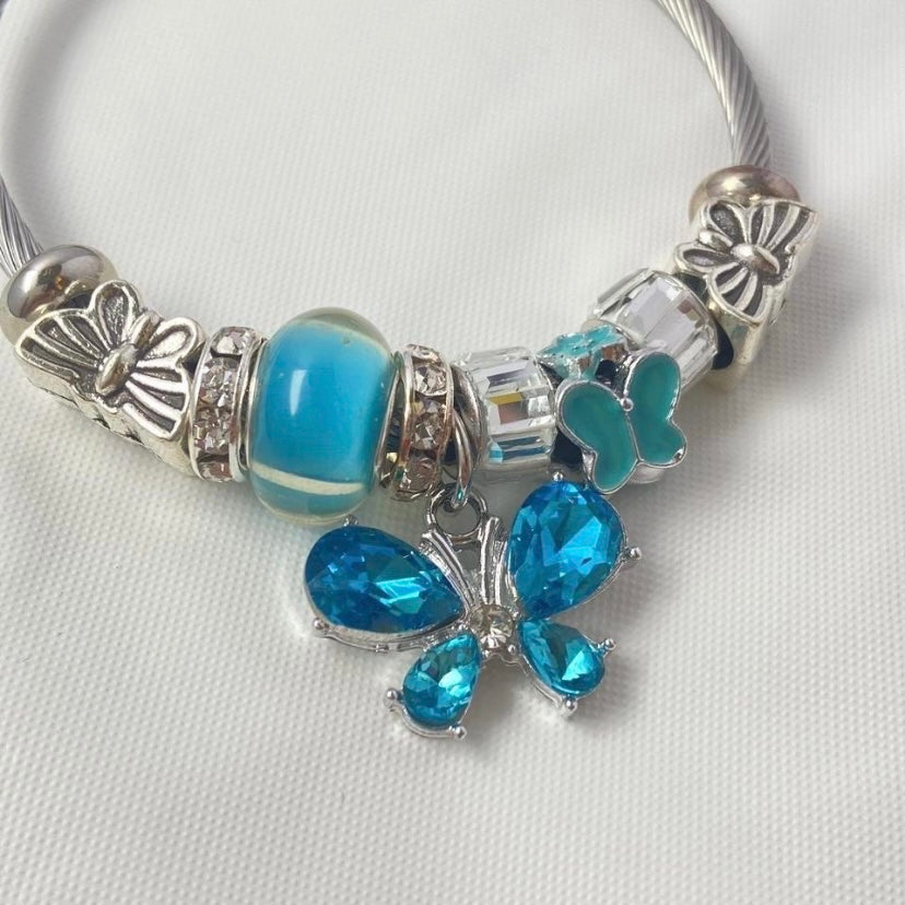 925 Silver Plated Blue Butterfly Charm Bracelet for Women