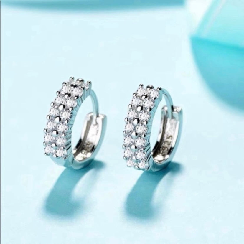 925 Silver Plated Double Row CZ Diamond Silver Hoop Earrings for Women