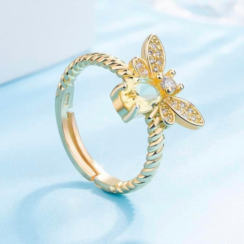 18K Gold Plated Adjustable Yellow Crystsl Honey Bee Ring for Women
