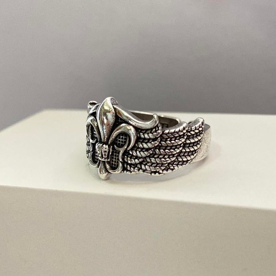 925 Silver Plated Adjustable Angel Wings Ring for Men Women,Punk Hip Hop Ring