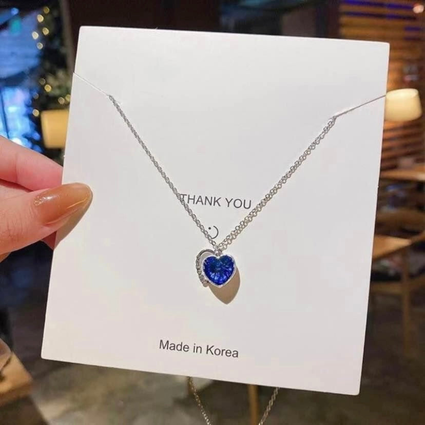925 Silver Plated Blue Crystal Love Heart Pendant Necklace for Women