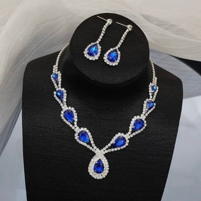 Bridal Wedding Jewelry Set Crystal Sapphire Bridesmaid Party Necklace Earrings