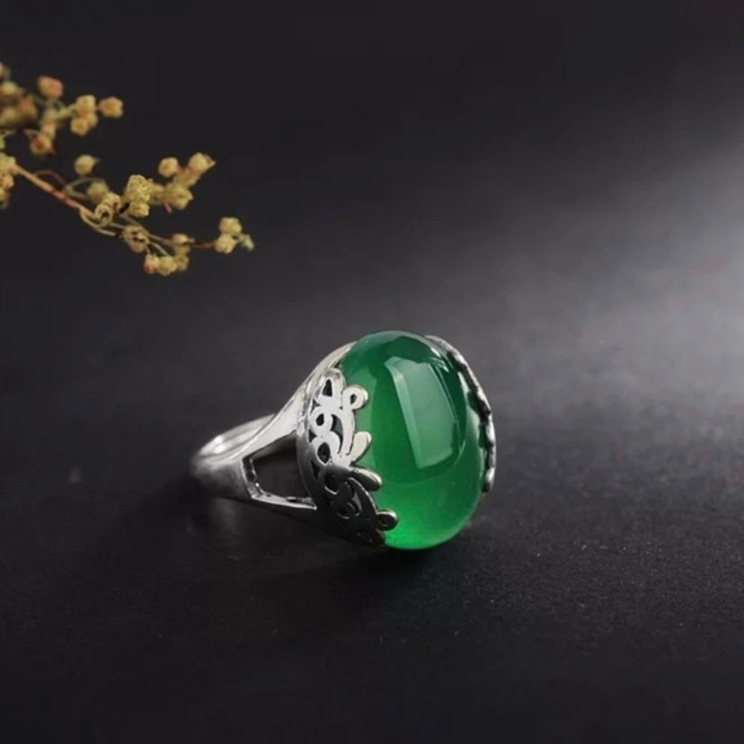 925 Silver Plated Adjustable Green Agate Emerald Ring for Women