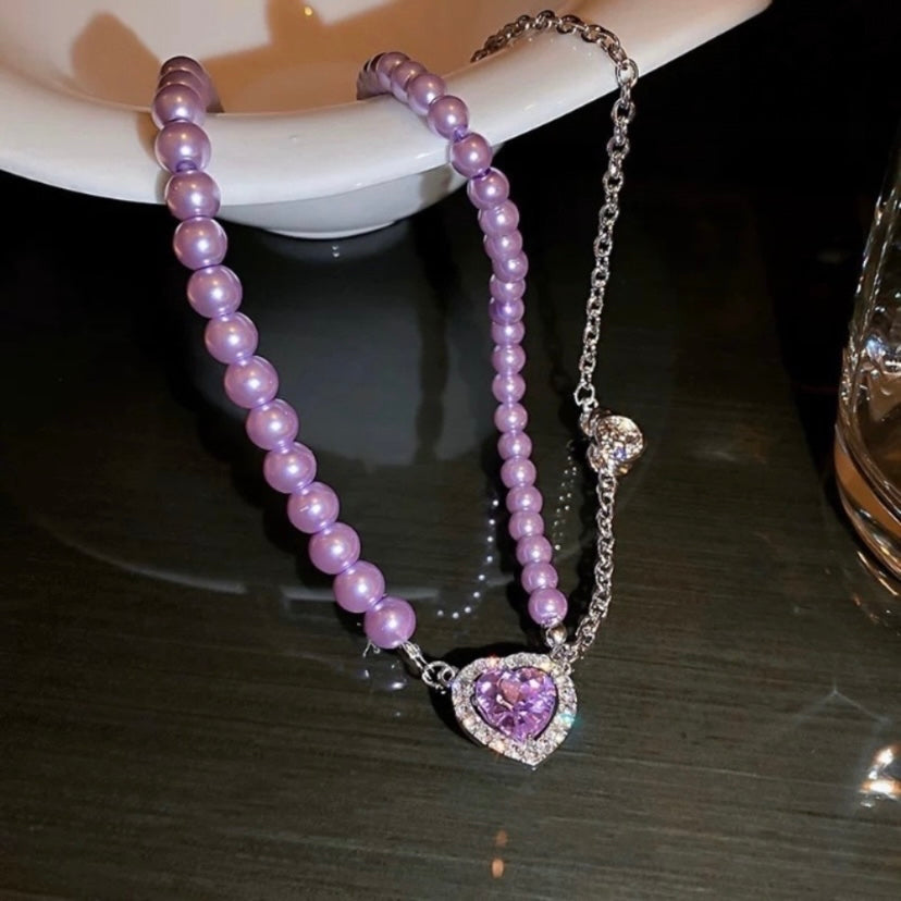Purple Pearl Birthstone Love Heart Amethyst Pendant Choker Necklace for Women