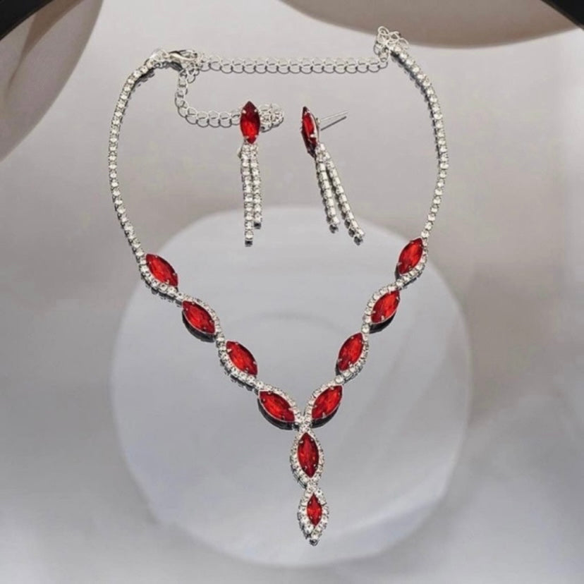 Bridal Wedding Jewelry Set Crystal Ruby Bridesmaid Party Necklace Drop Earrings