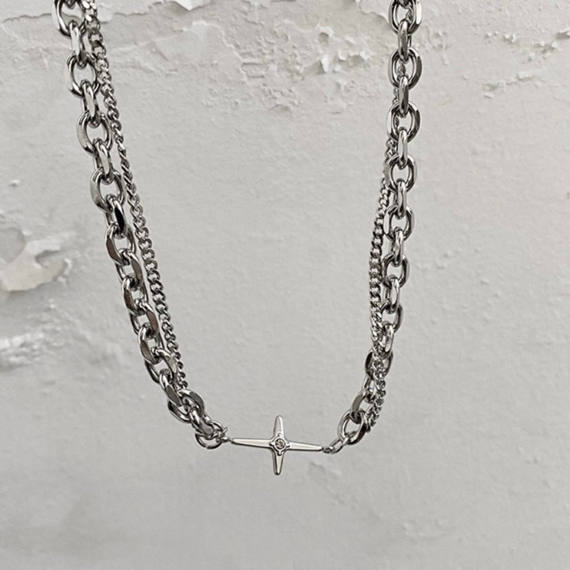 Double Layer Titanium Steel Star Link Chain Necklace for Men Women,Punk Hip Hop Necklace
