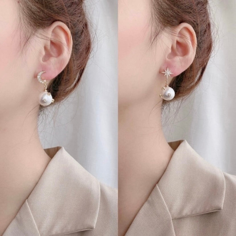Moon Star Pearl Dangle Drop Earrings for Women