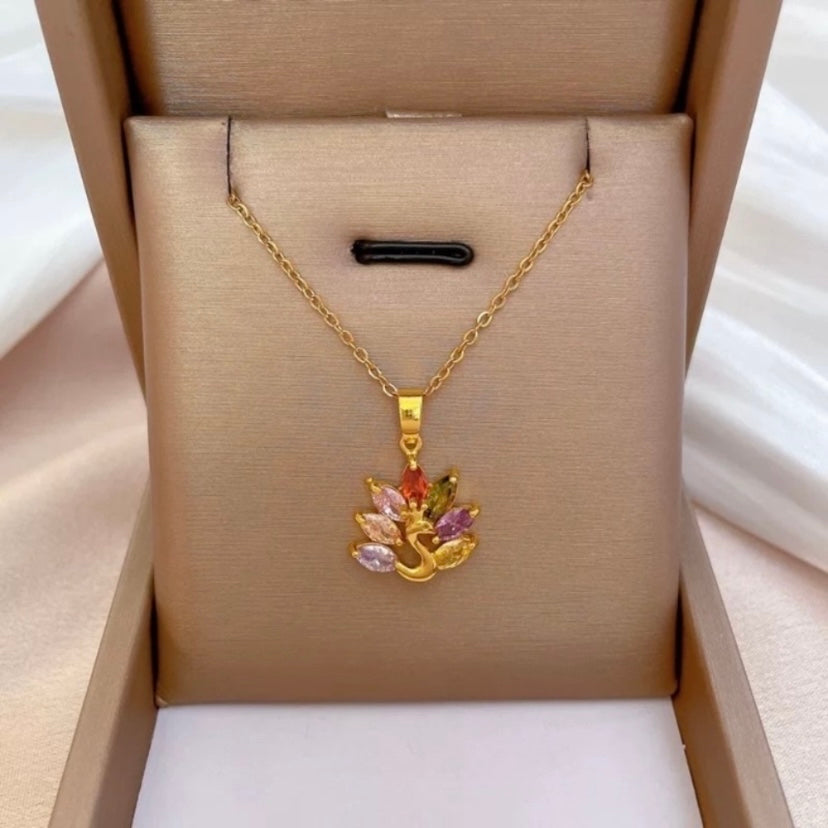 18K Gold Plated Colorful Crystal Peacock Pendant Necklace for Women