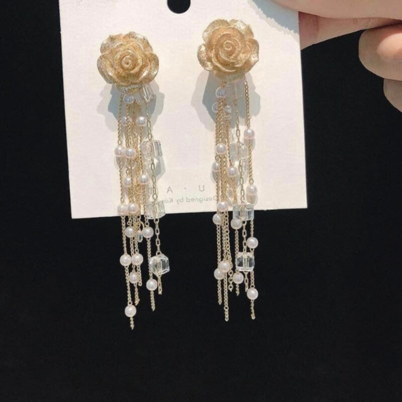 Rose Flower Crystal Pearl Long Tassel Dangle Drop Earrings