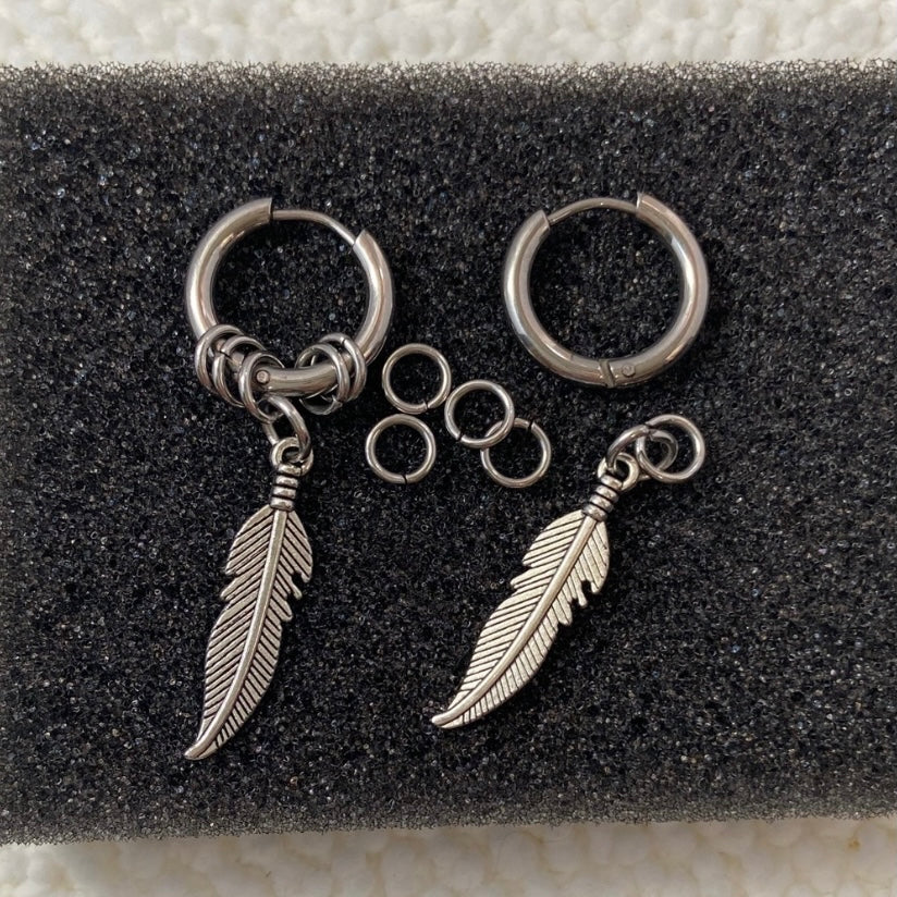 Titanium Steel Feather Dangle Drop Earrings for Men Women