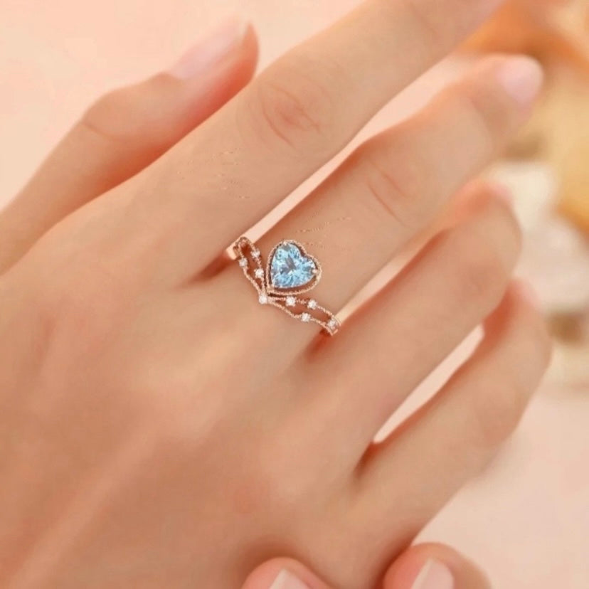 14K Rose Gold Plated Adjustable Blue Crystal Aquamarine Heart Ring for Women